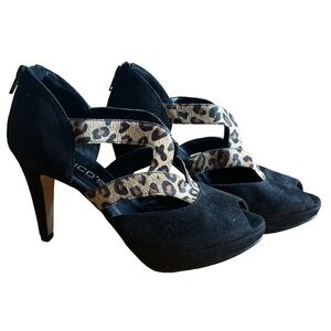 Chicos Black Suede, Animal Print Calf Hair 4” Heel. Size 8